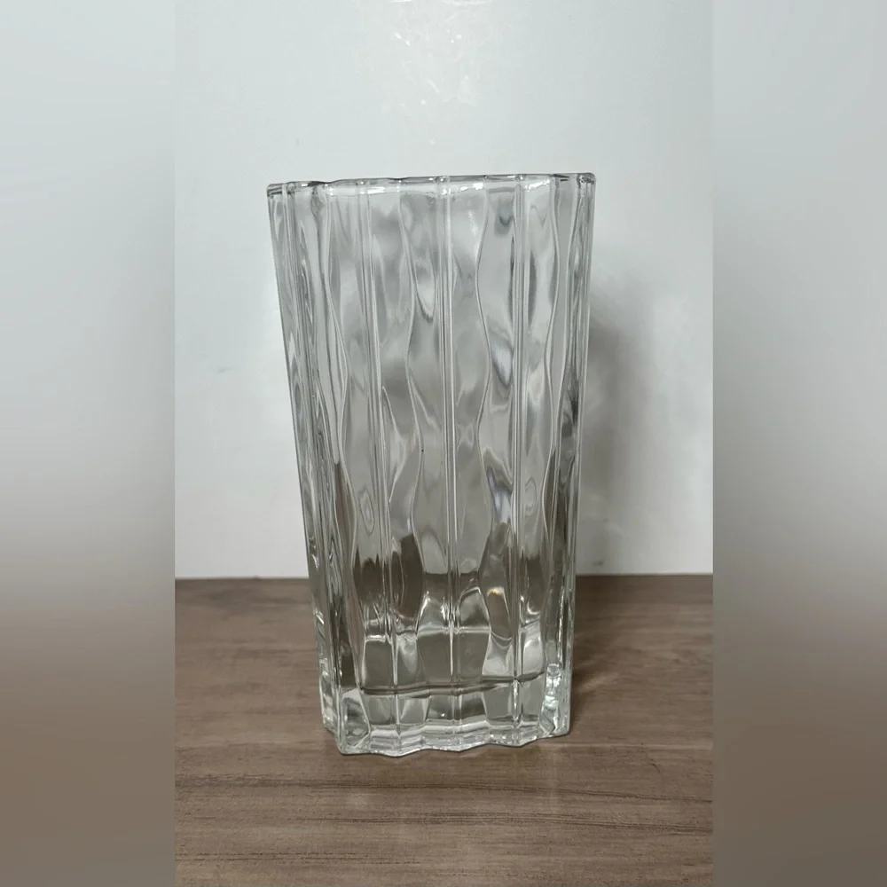 Vintage Luay Signed‎ Wave Pattern Tall Heavy Square Glass Vase.